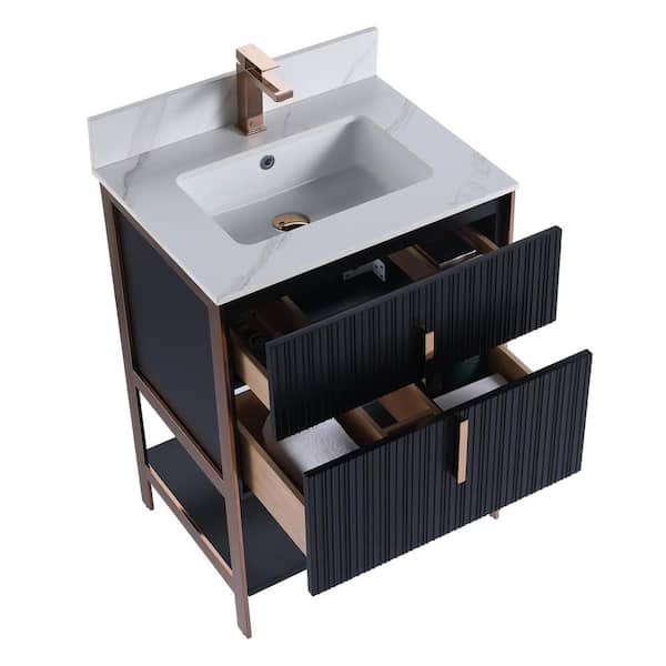 FINE FIXTURES 24 in. W x 18 in. D x 33.5 in. H Bath Vanity in Black with White Carrara Engineered Stone Top with Rose Gold Hardware