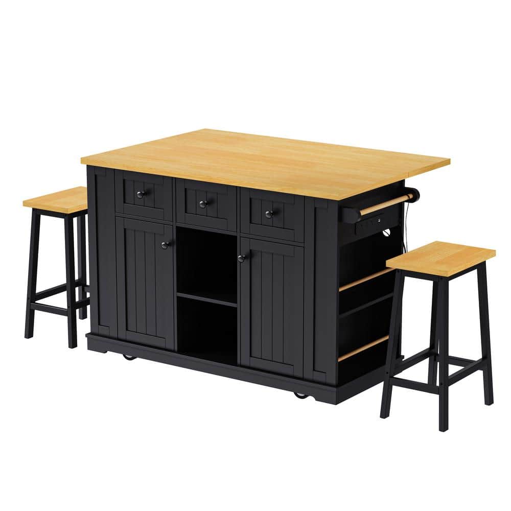 Black Wood 53 in. Kitchen Island with 2 Bar Stools, Power Outlet, Drop Leaf