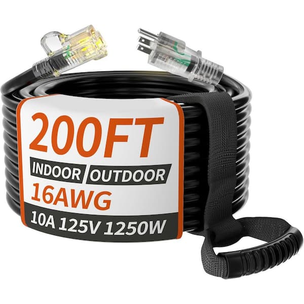 200 ft. 16/3 Gauge Outdoor Extension Cord with Lighted Indicator Waterproof Cold Weatherproof Black