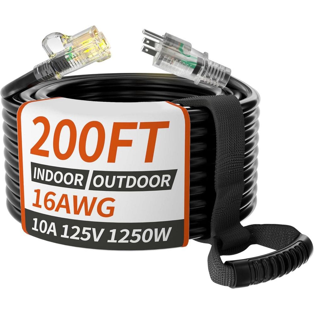 200 ft. 16/3 Gauge Outdoor Extension Cord with Lighted Indicator Waterproof Cold Weatherproof Black price history on PriceWatchPro