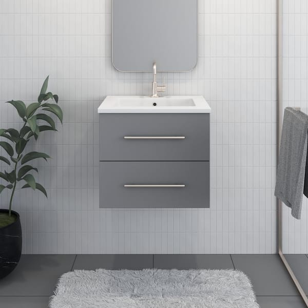 VOLPA USA AMERICAN CRAFTED VANITIES Napa 24 in. W. x 20 in. D Single Sink Bathroom Vanity Wall Mounted in Gray with Acrylic Integrated Countertop