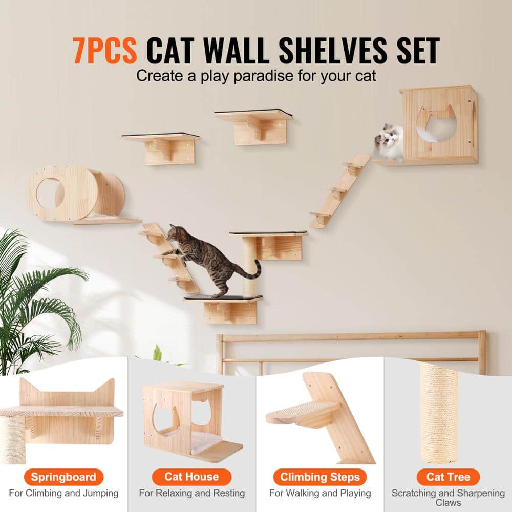 Natural Pine Wood Wall Mounted Cat Shelves Set with Hammocks