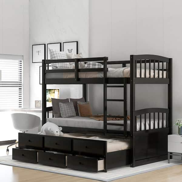 Harper & Bright Designs Espresso Chamblee Twin over Twin Bunk Bed with Trundle and Drawers