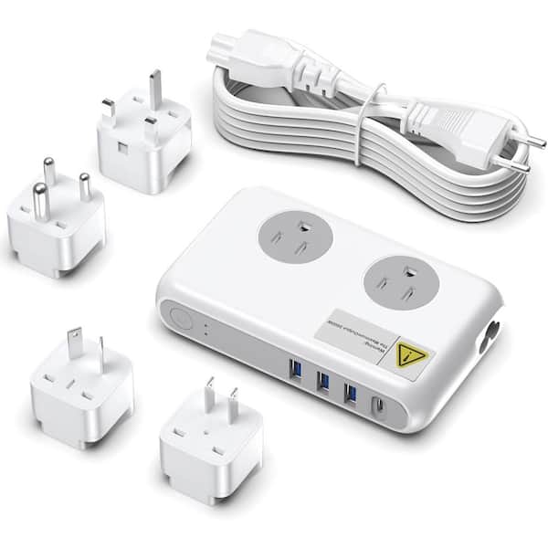 Lukyamzn Universal Travel Adapter Surge Protector 220V to 110V Voltage Converter with 2-Outlet, 3 USB-A, 1 USB-C Ports in White