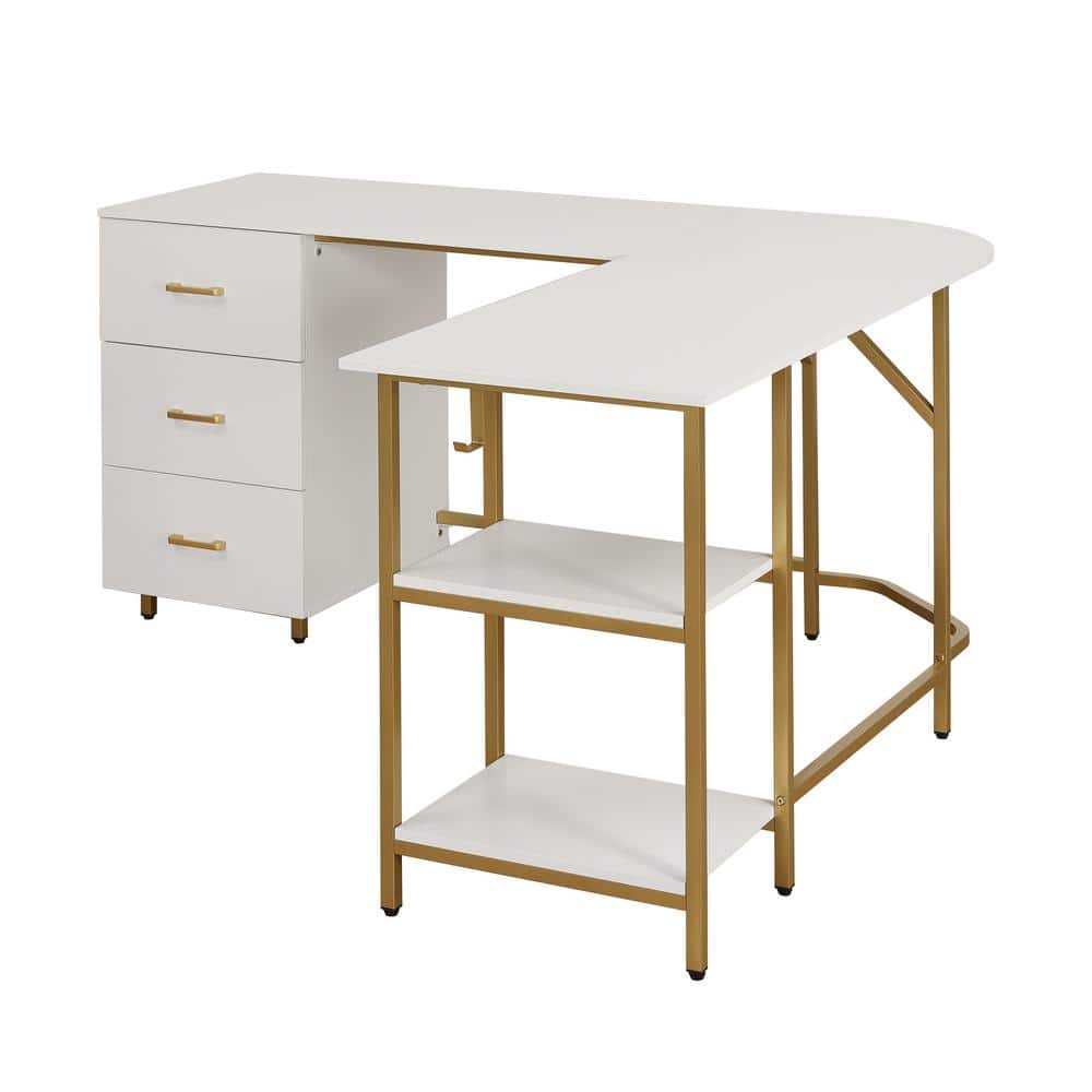Gold and White L-Shaped Computer Desk with Drawers