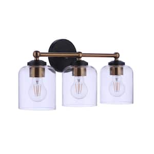 Coppa 18.5 in. 3-Light Flat Black/Satin Brass Finish Vanity Light with Clear Glass Shade