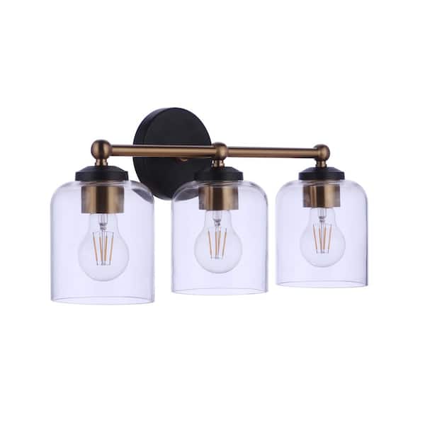 CRAFTMADE Coppa 18.5 in. 3-Light Flat Black/Satin Brass Finish Vanity Light with Clear Glass Shade