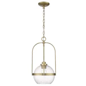 Devonshire 1-Light Round Antique Brass Pendant with Clear Seeded Glass