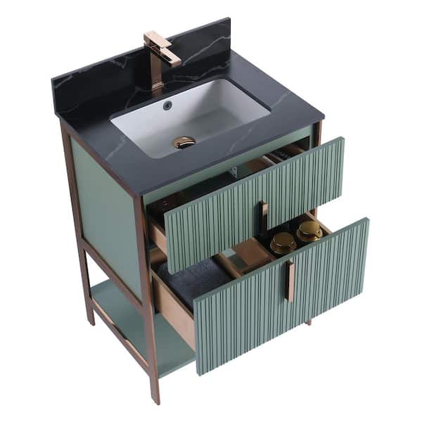 FINE FIXTURES 24 in. W x 18 in. D x 33.5 in. H Mint Green Bath Vanity with Black Sintered Stone Top with Rose Gold Hardware