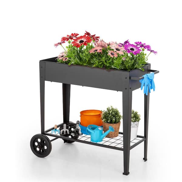 PHI VILLA Steel Elevated Garden Bed Raised Planter Box With Shelf and Wheels in Black