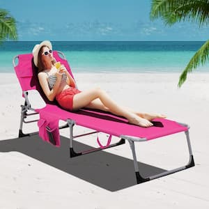 Beach Lounge Chair Outdoor Recliner with 5-Adjustable Positions Detachable Pillow and Hand Ropes Pink