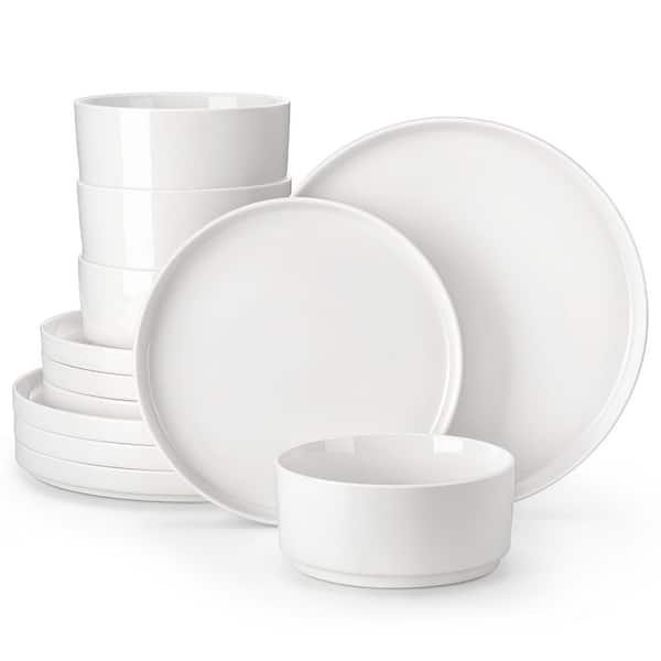 12-Piece White Porcelain Dinnerware Set Service for 4-Dinner Set Round Bowls and Plates Set Tableware