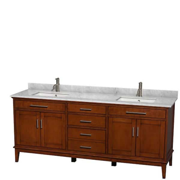 Wyndham Collection Hatton 80 in. Double Vanity in Light Chestnut with Marble Vanity Top in Carrara White and Square Sinks
