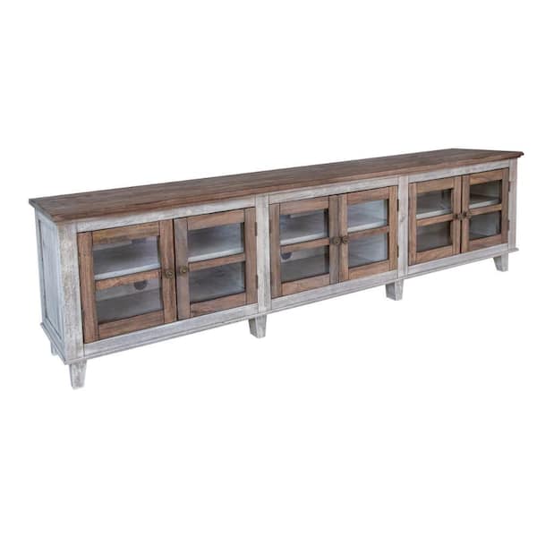 Benjara 93 in. Gray and Brown Wood TV Stand Fits TVs up to 88 in. with Glass Doors