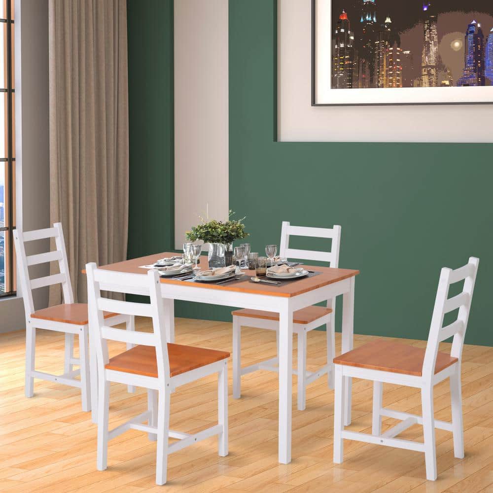5-Piece Light Wood and White Pine Dining Set with Ladderback Chairs