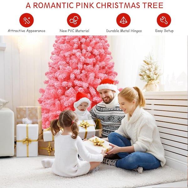 Costway 7.5 ft. Pink Snow Flocked Hinged Artificial Christmas Tree 