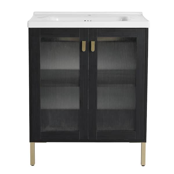 28 in. Soft Closing Door Freestanding Bath Vanity with White Ceramic Top in Black