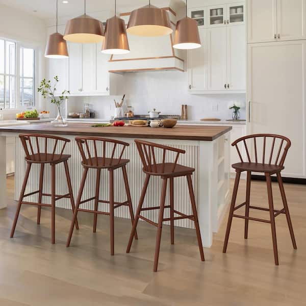 LUE BONA Winson Windsor 30 in.Walunt Solid Wood Bar Stool for Kitchen Island Counter Stool with Spindle Back Set of 4
