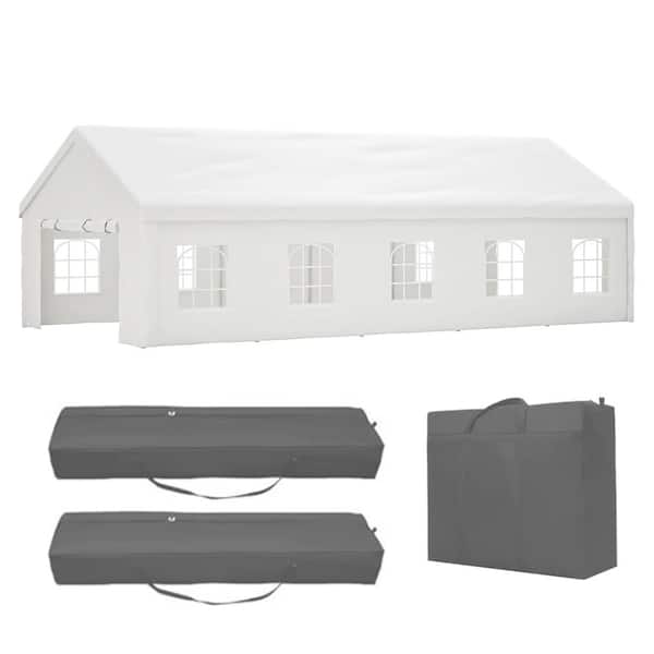 16 ft. x 32 ft. Heavy Duty White Outdoor Gazebo Party Canopy Tent with 3 Storage Bags, Removable Sidewalls and 2 Doors