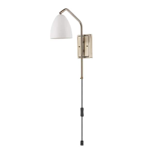 Globe Electric Lira 1-Light Matte White and Antique Brass Plug-In or Hardwire Wall Sconce LED Bulb Included