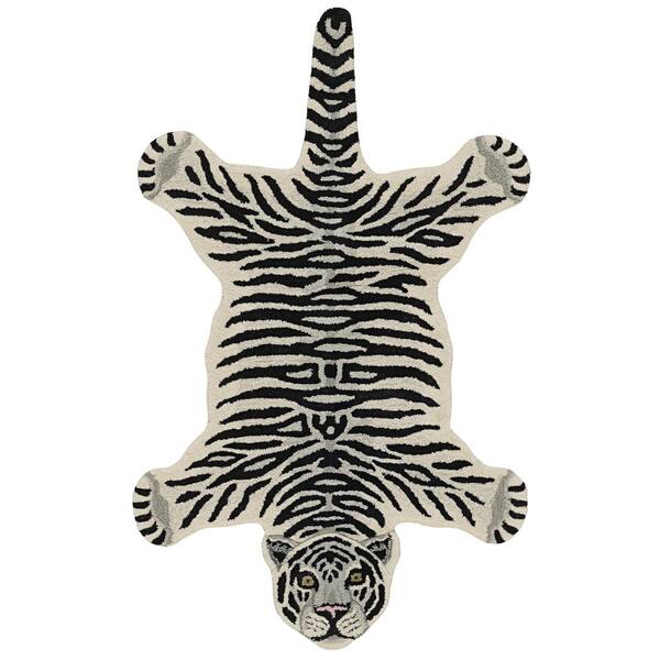 Jungle Tiger White and Black 3x5 ft. Modern Tufted Animal Print Wool Specialty Indoor Accent Area Rug