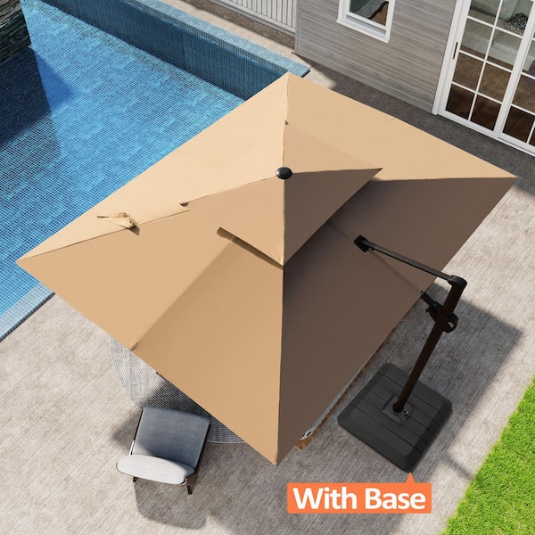 9 ft. x 11.5 ft. Dual Top Aluminum Offset Cantilever Crank-Control 360° Rotation Tilt Patio Umbrella in Tan with Base