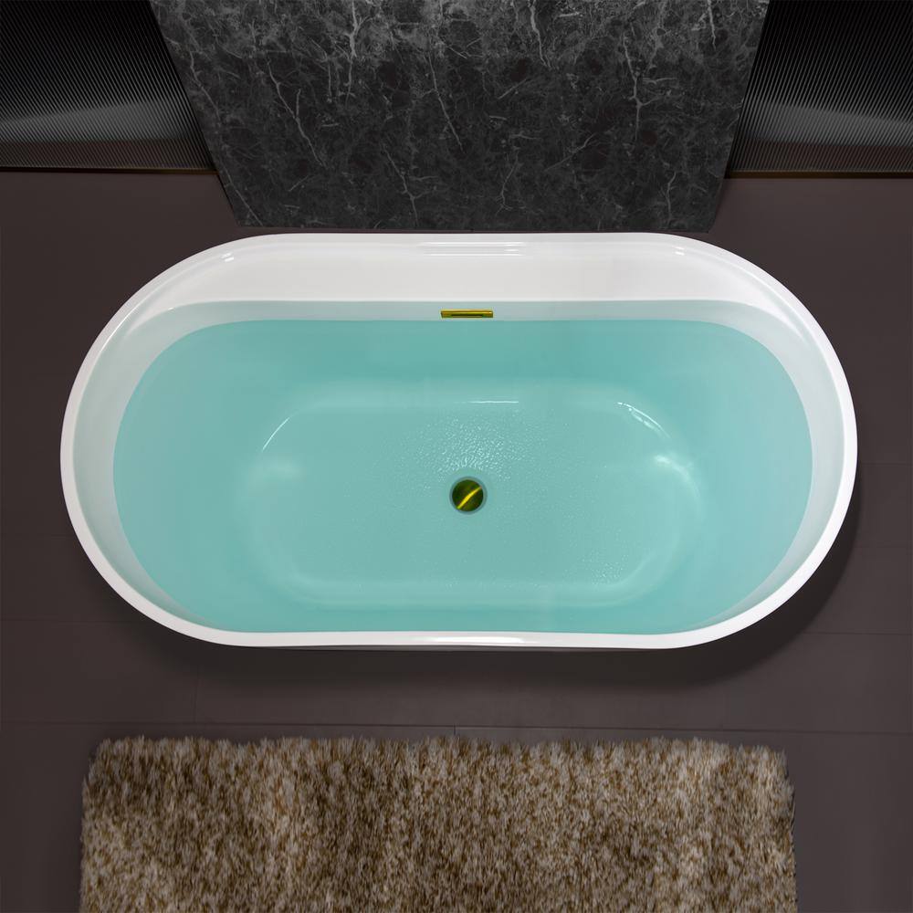 59" White Acrylic Freestanding Soaking Bathtub with Brushed Gold Trim