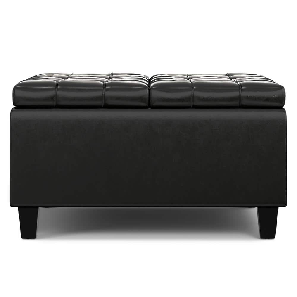 Midnight Black Tufted Faux Leather Storage Ottoman