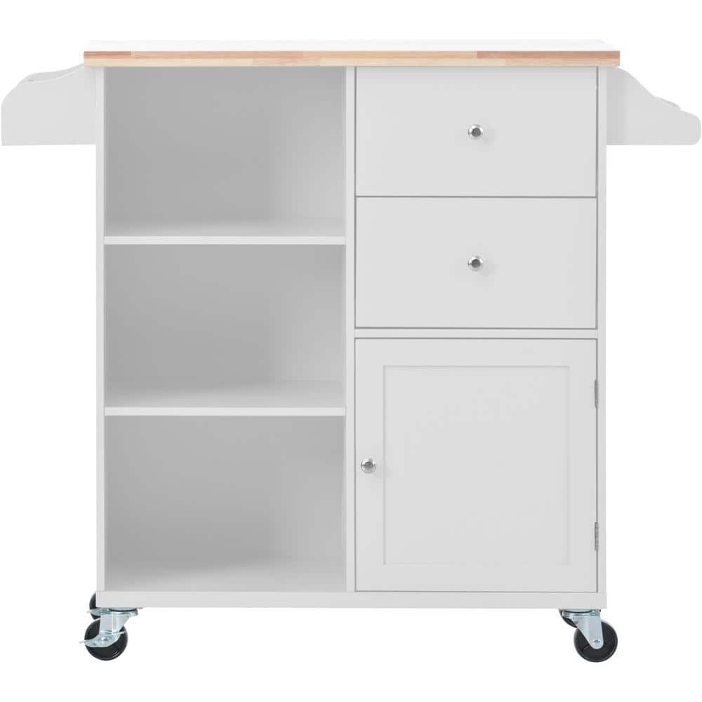 Tileon White Rubber Wood top Kitchen Cart on 4-Wheels with 2-Drawers ...