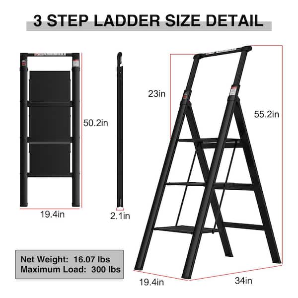 3-Step Retractable Handgrip Folding Aluminum Step Stool Ladder with Anti-Slip Wide Pedal, 300 lbs. Household Ladder