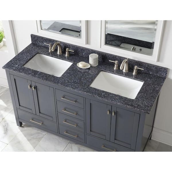 Home Decorators Collection 61 In W Granite Double Sink Vanity Top In Blue Pearl With White Trough Sinks 64905 The Home Depot