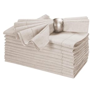 Set of 12 Cotton Cloth Dinner Napkins 18 x 18 Natural with Hemstitched Mitered Corners Wedding & Cocktail Napkins, Beige
