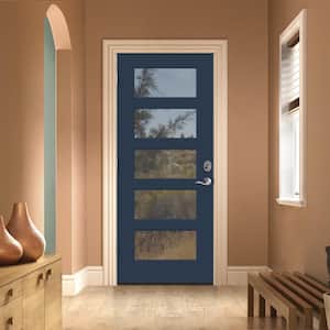 36 in. x 80 in. Right-Hand 5 Lite Clear Glass Revival Blue Painted Fiberglass Prehung Front Door with Brickmould