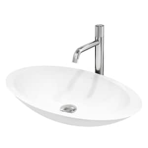 Matte Stone Wisteria Composite Oval Vessel Bathroom Sink in White with Apollo Faucet and Pop-Up Drain in Brushed Nickel