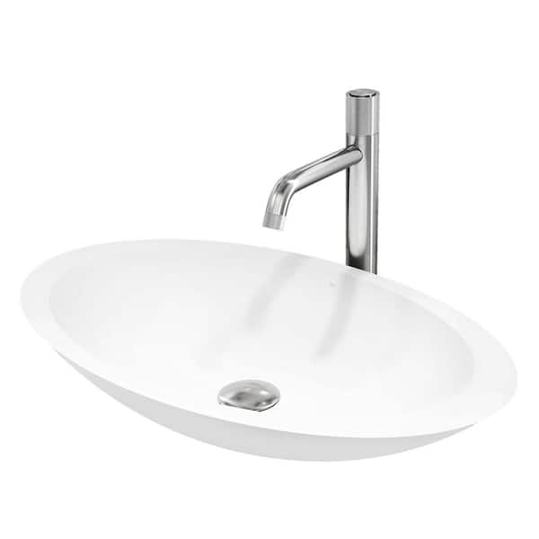 VIGO Matte Stone Wisteria Composite Oval Vessel Bathroom Sink in White with Apollo Faucet and Pop-Up Drain in Brushed Nickel