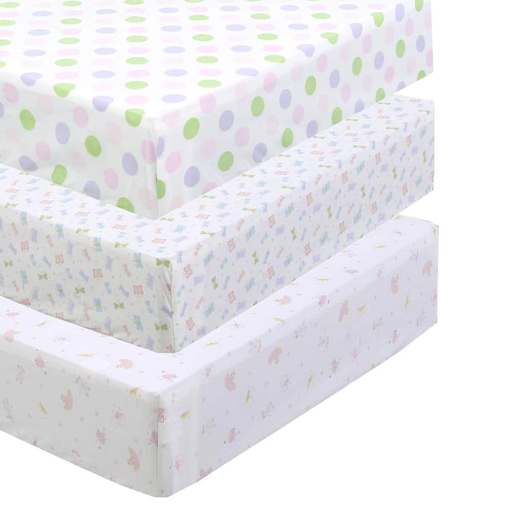 Cozy Line Home Fashions 3-Piece Pink Purple Cotton Polka Dot Butterfly Floral Princess Crib/Toddler Fitted Sheets, purple/ green/ pink -  BB- D- FS024