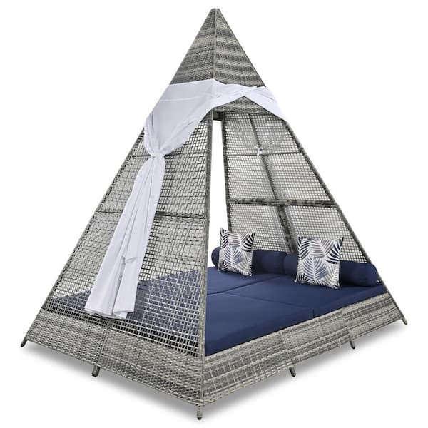 Runesay 90.5 in. x 72.4 in. Wicker Rattan Outdoor Patio Day Bed Sofabed Tent Shape with Blue Cushions and Colorful Pillows
