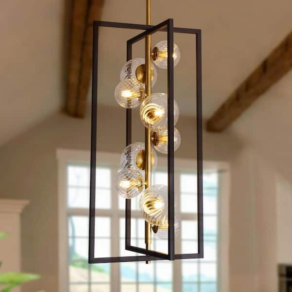 Modern Farmhouse 9-Light Iron Brass Black Rectangle Chandelier Clear Globe for Dining Living Room and Foyer