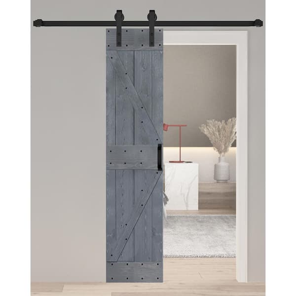 ISLIFE K Style 24 in. x 84 in. Dark Gray Finished Soild Wood Sliding Barn Door with Hardware Kit - Assembly Needed