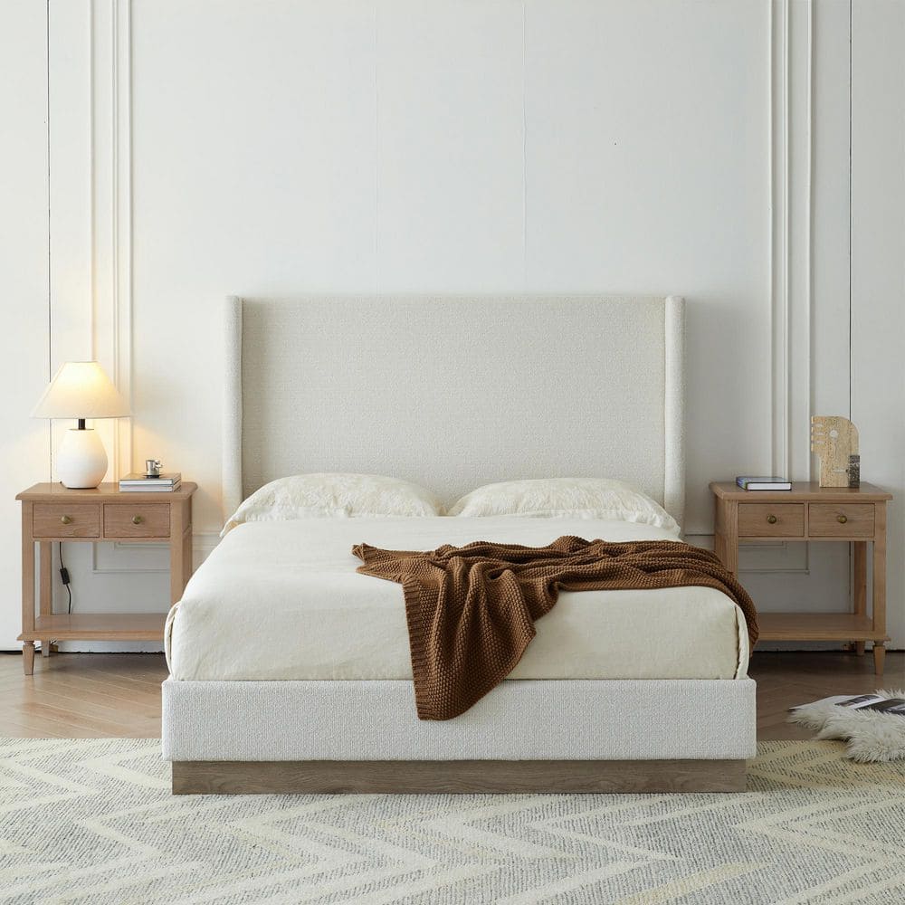 Duncan Oat (Beige) Boucle Fabric Upholstered Metal Frame King Platform Bed with High Wingback Headboard