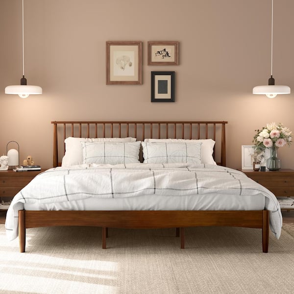 OrangeOne Mid-Century Modern Light Walnut Brown Wood Frame King Platform Bed with Windsor Headboard Panel Bed