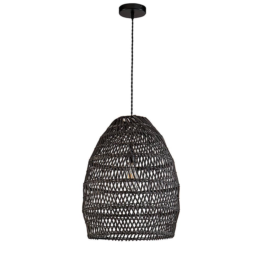 48-Watt 1 Light Black Cage Shade Pendant Light with Rattan Shade, No Bulbs 