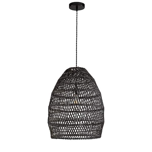 48-Watt 1 Light Black Cage Shade Pendant Light with Rattan Shade, No ...