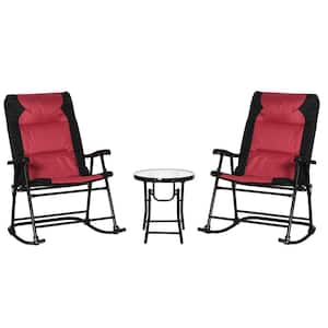 3 Piece Metal Patio Conversation Set with Coffee Table and 2 Folding Red Cushions Rocking Chairs for Garden, Backyard