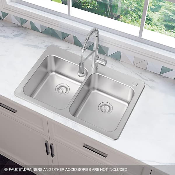 Bratten 33 in. Drop In / Under Mount 50/50 Double Bowl 18 Gauge Stainless Steel Kitchen Sink