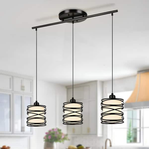 Henveton Jasslynn 40 Watt 3 Light Black Modern Linear Pendant Light with Cylinder Frosted Glass Shade for Kitchen Foyer Bedroom