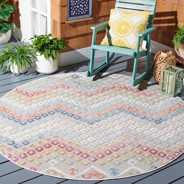 Cabana Rust/Blue/Ivory 7 ft. x 7 ft. High-Low Zig-Zag Indoor/Outdoor Round Area Rug