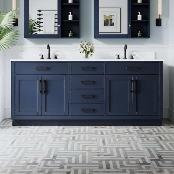 NORA 80 in. Freestanding Navy Blue Solid Wood Bath Vanity with Pure White Cultured Marble Top, Soft-Close, Assembled
