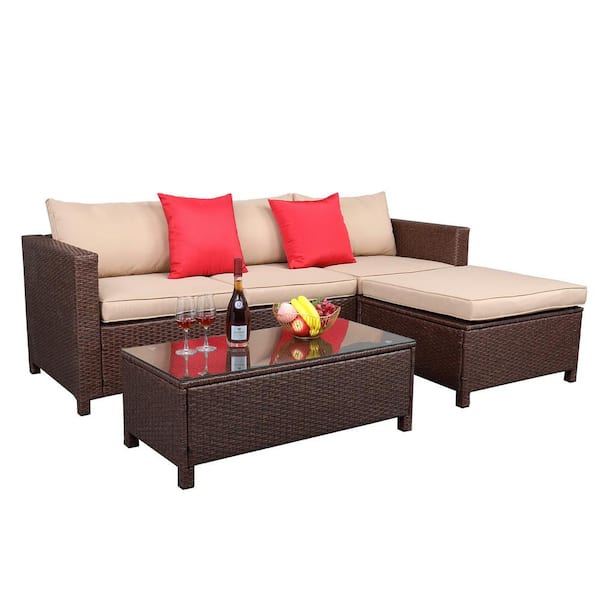 Karl home Black Frame Brown Wicker Outdoor Sectional Set with Beige Cushions
