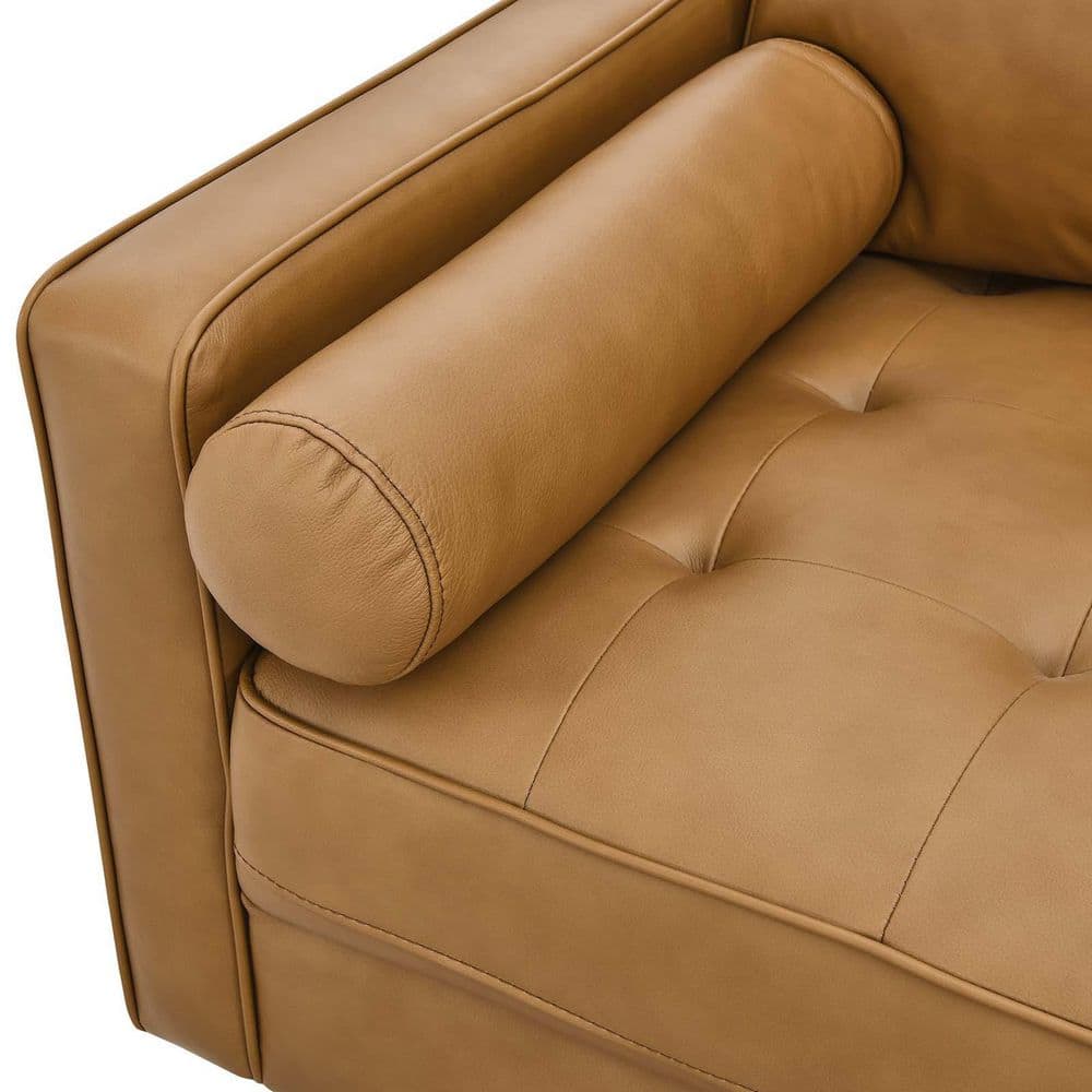 Tan Tufted Leather Sofa with Ottoman and Wood Legs